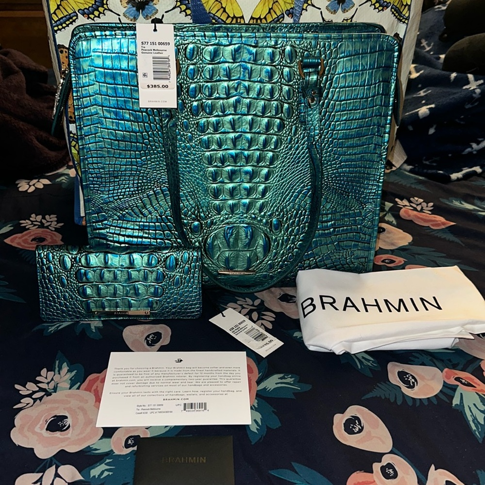 Brahmin Tia Tote & Ady Wallet Set (Peacock)